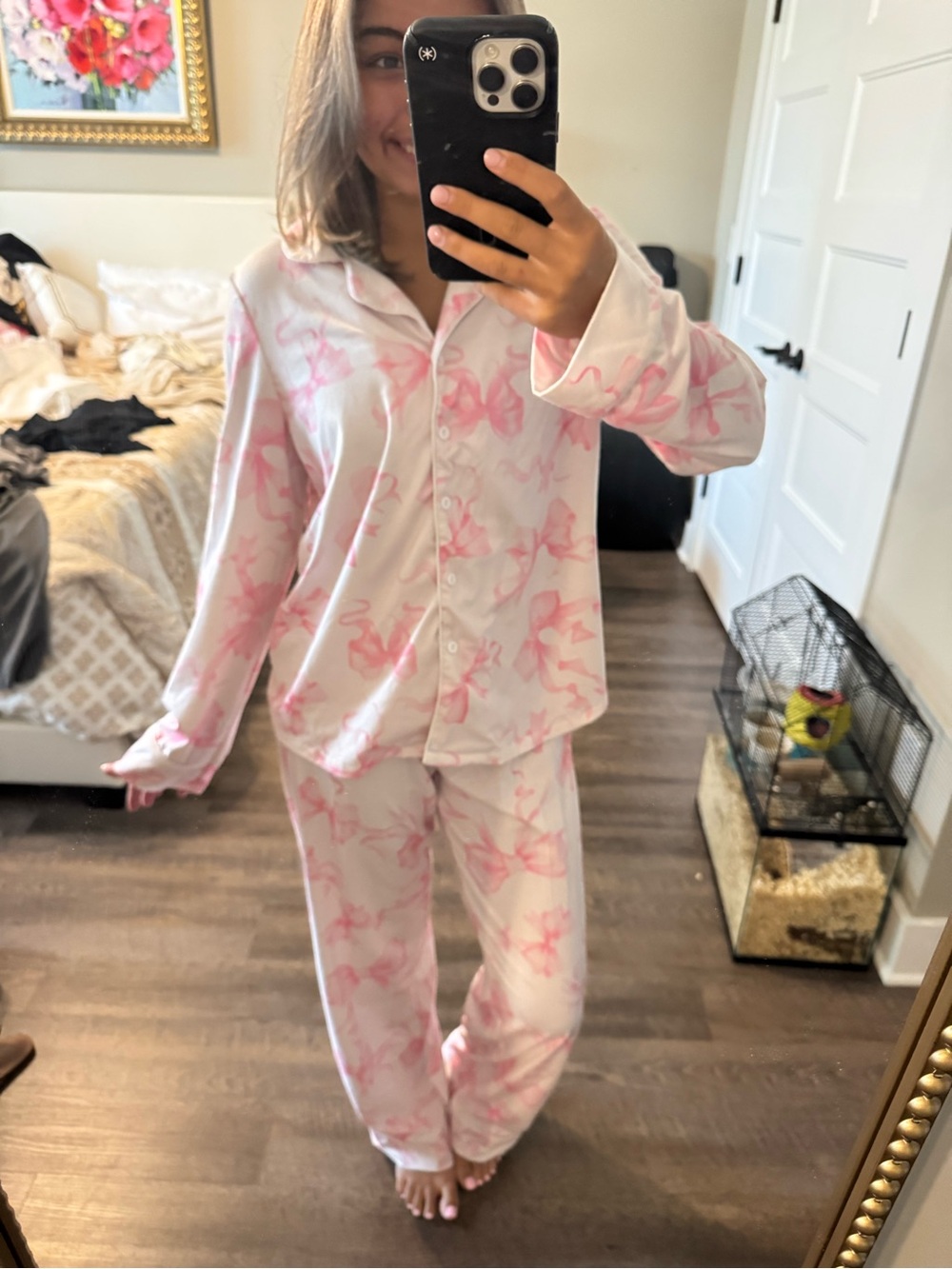 Pink Bow Print Pajama Set - Soft Button-Up Sleepwear